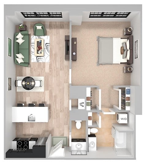 Floor plan for 1 bed, 1.5 baths, 685 sqft